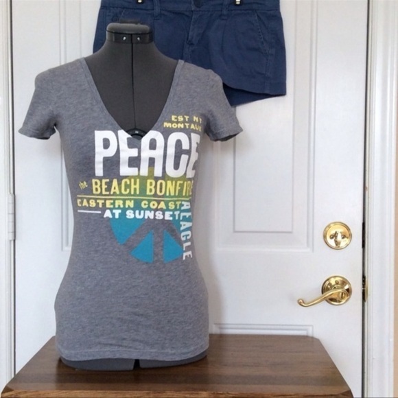 AMERICAN EAGLE OUTFITTERS NWT! Gray V-Neck Peace Motiff Tee-Shirt Size XS - Picture 8 of 9